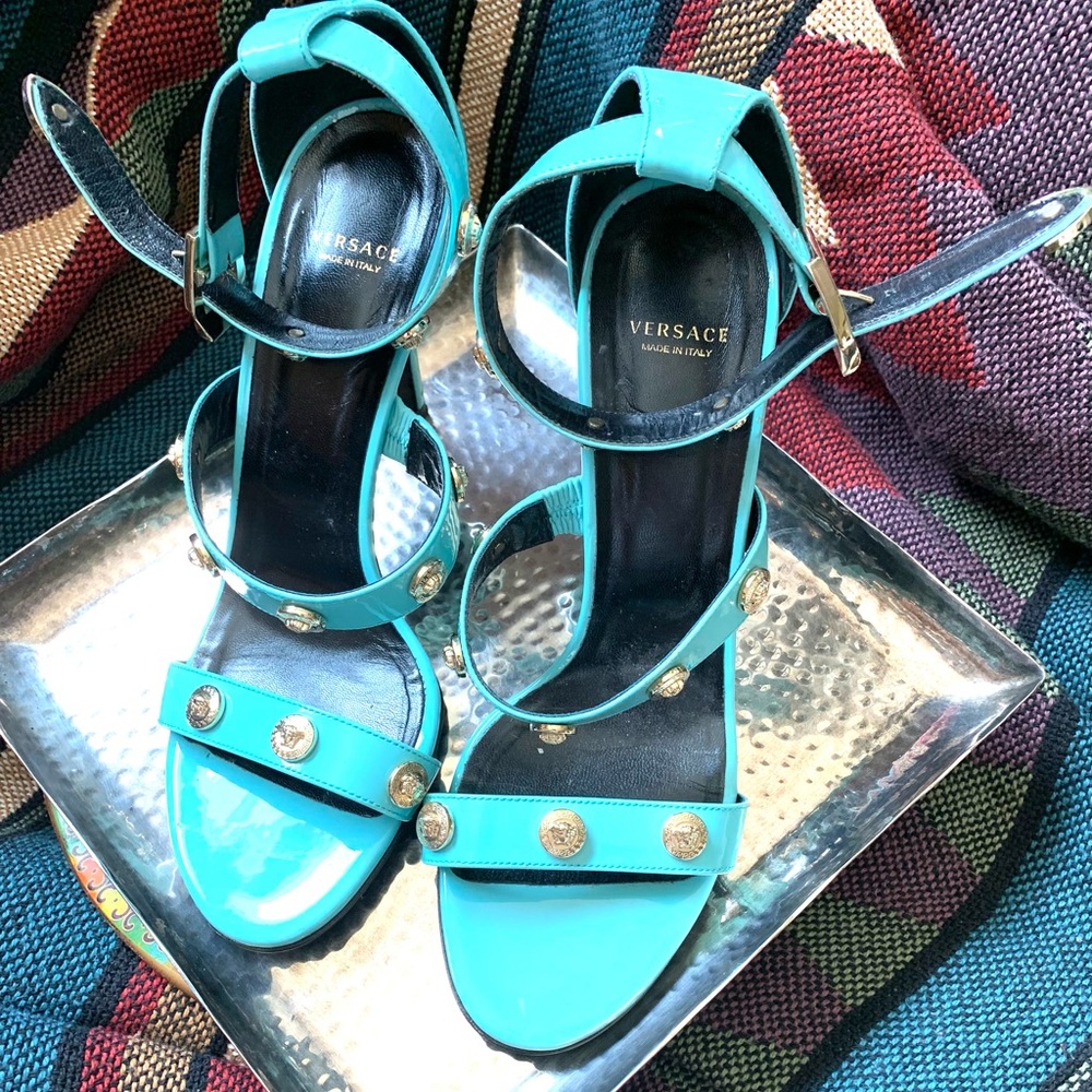 Tiffany Blue Versace Medusa Strappy Heels